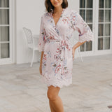 Serena Veiled Rose Printed Lace Trim Satin Robe