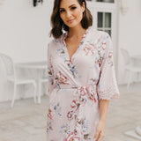 Serena Veiled Rose Printed Lace Trim Satin Robe