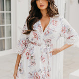 Serena Veiled Rose Printed Lace Trim Satin Robe