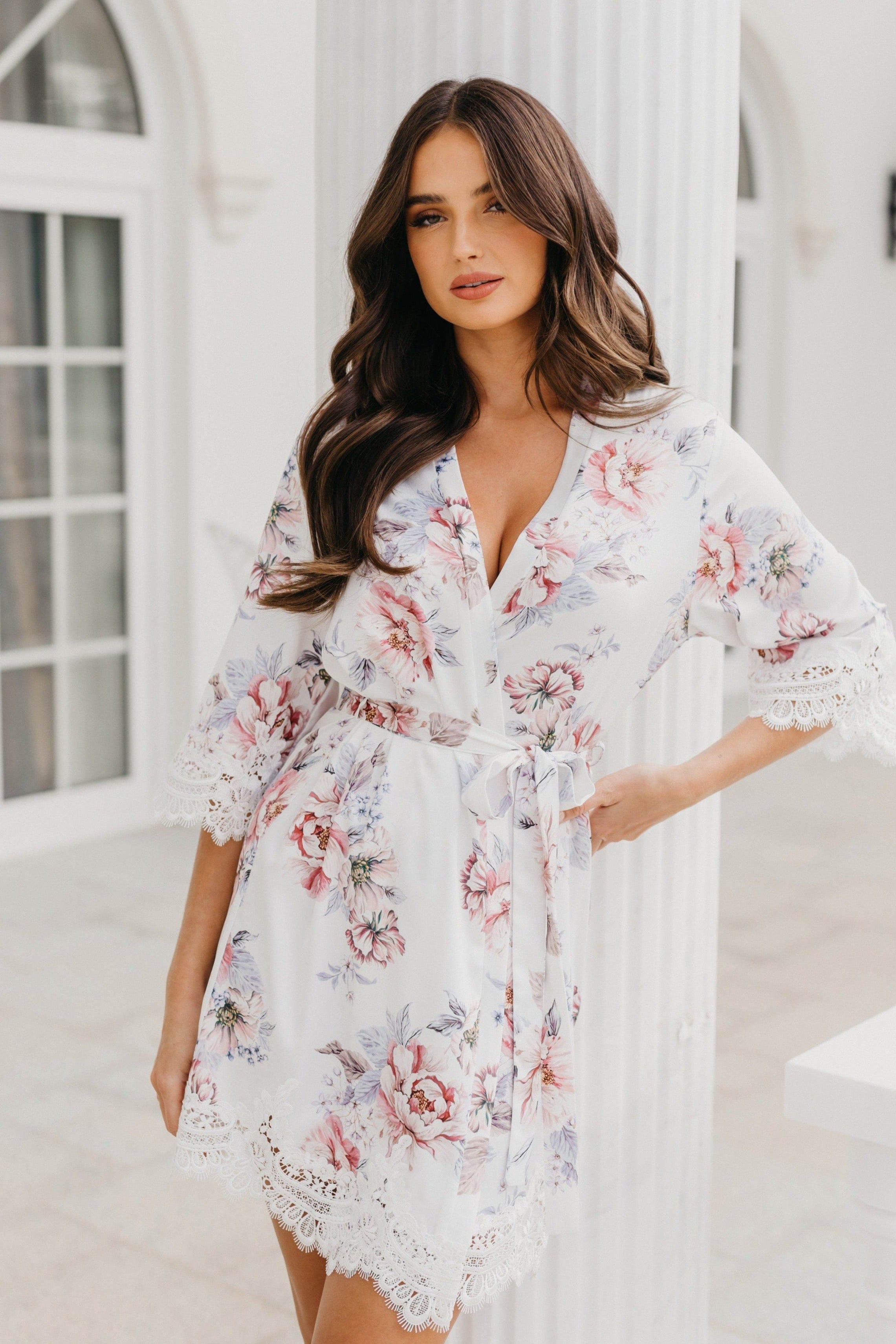 Serena Veiled Rose Printed Lace Trim Satin Robe