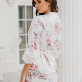 Serena Veiled Rose Printed Lace Trim Satin Robe