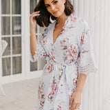 Serena Veiled Rose Printed Lace Trim Satin Robe