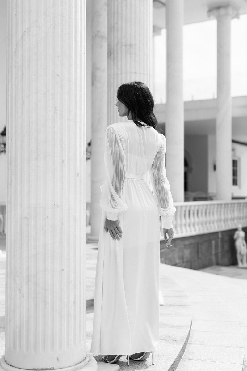 Alaina Pleated Sleeve Satin Bridal Maxi - Includes Slip