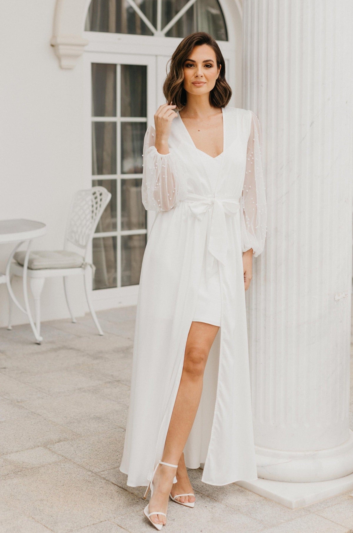 Beaked Robe Sophia Hand Beaded Pearl Sleeve Maxi Robe - Includes Slip – Lerose USA