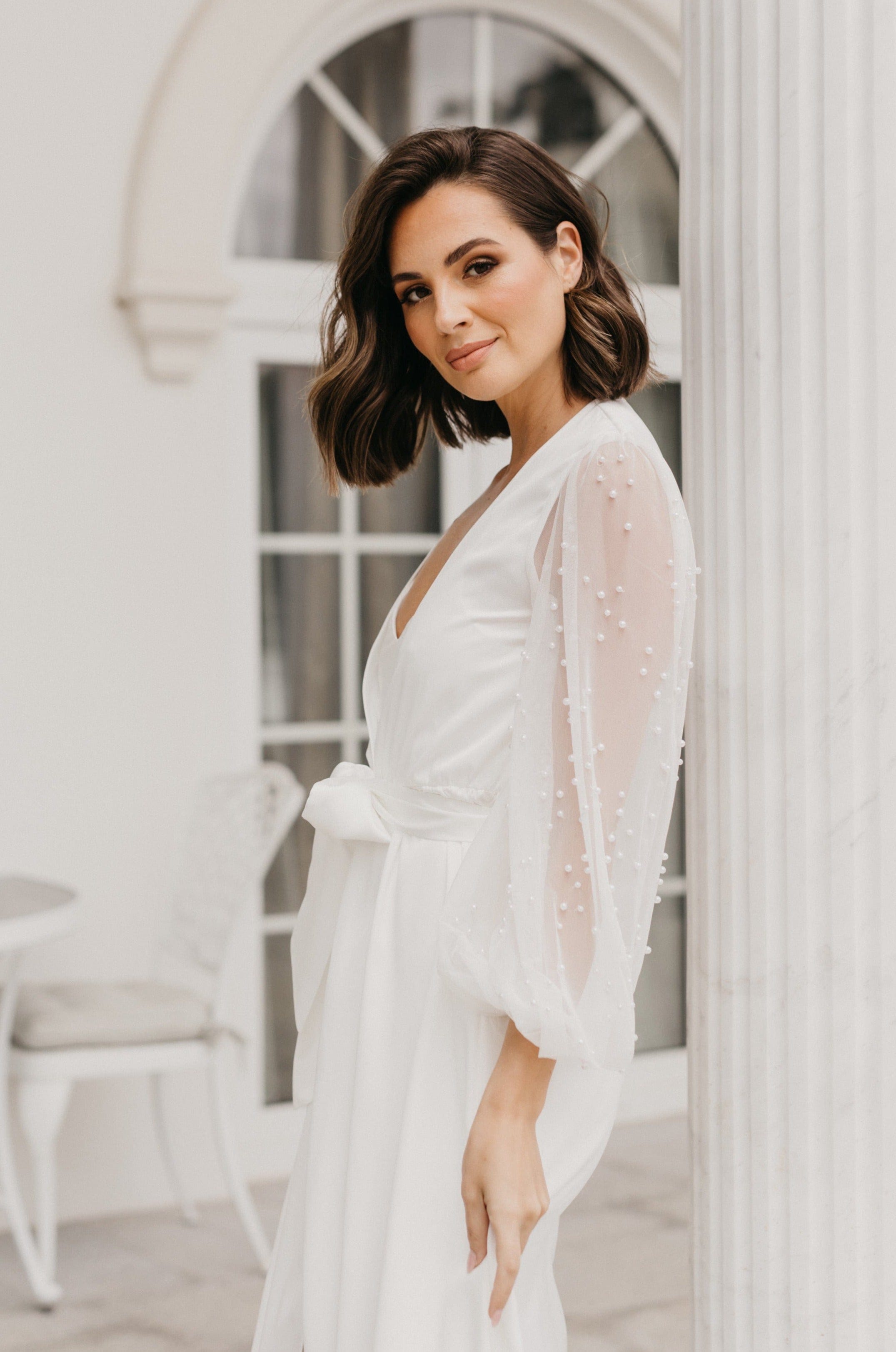 Beaked Robe Sophia Hand Beaded Pearl Sleeve Maxi Robe - Includes Slip – Lerose USA