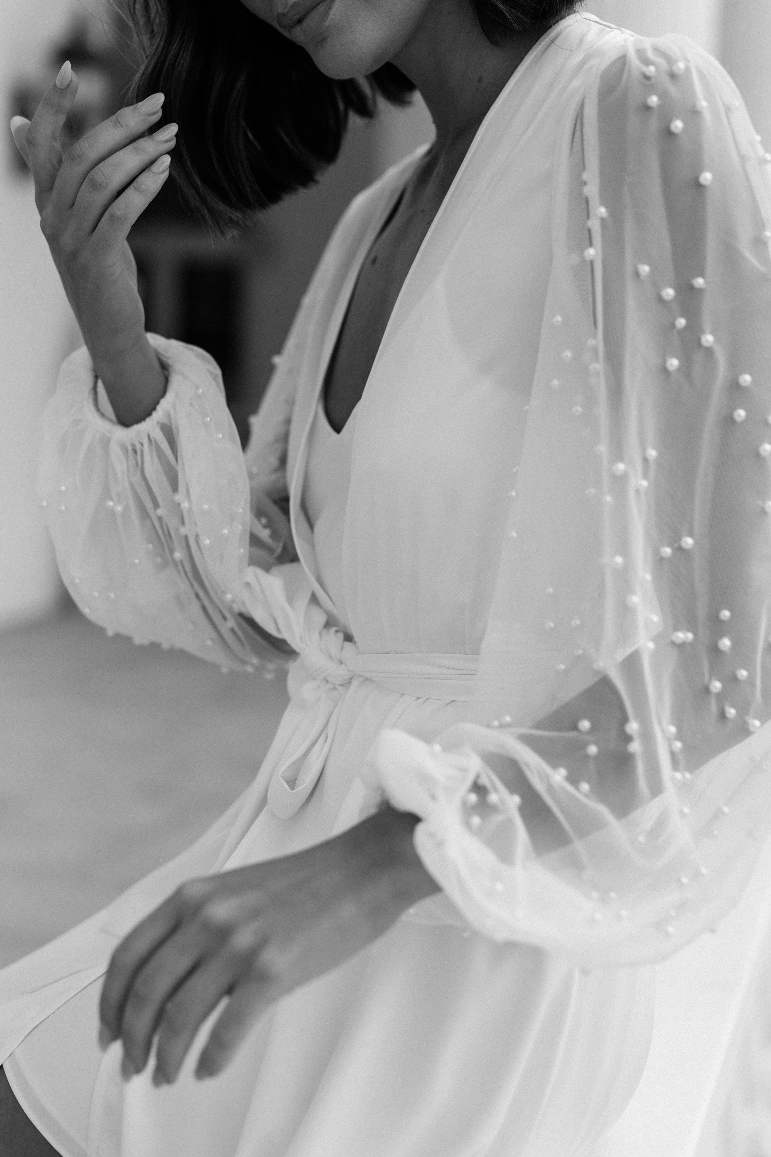 Beaked Robe Sophia Hand Beaded Pearl Sleeve Maxi Robe - Includes Slip – Lerose USA